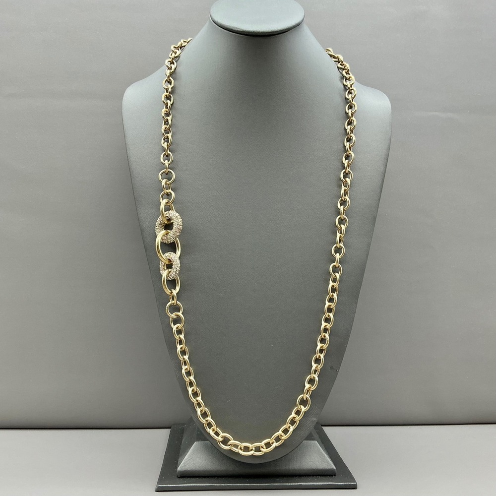 Ann Taylor Necklace Women Gold Tone Rhinestone Pave Link Chain Long Toggle 26"